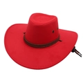 Detail of red felt cowboy hat with brown braided trim and adjustable windproof rope - Red