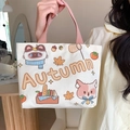 Borsa tote in tela beige a tema autunnale con gatto carino e manici intrecciati marroni - Gusto dell'Autunno