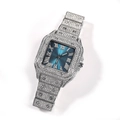 Iced out square hip hop watch with silver diamond-set band and blue Roman numeral dial - Silver (Blue Dial)