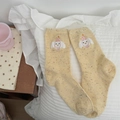 Yellow knitted mid-calf socks with colorful speckles and cute cartoon animal embroidery - One Size / Yellow Rabbit