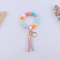 Macaron silicone bead keychain bracelet with a wooden bead and colorful leather tassel - Colorful