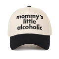 Close-up of black embroidery mommy's little alcoholic text on beige and black baseball cap - Beige/Black