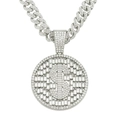 Detailed close-up of iced-out silver dollar sign pendant with sparkling crystal cuban chain - Silver (Round Medal) - With 5525 Model 50cm Cuban Chain