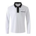 Detail of white long sleeve polo shirt with black contrast collar and zipper chest pocket - White/Black