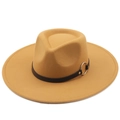 Cappello Fedora classico in lana cammello con tesa larga e cinturino in pelle con anello - M (56-58cm) / Cammello Con Fascia in Pelle Anello Argentato (02)