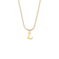 Macro detail of gold-plated 26-letter L pendant on a sleek metallic snake chain - Style L