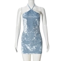 Detailed view of the blue velvet hollow out halter neck mini dress texture and glossy finish - S / Blue