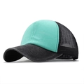 Detail of washed mint green and black mesh trucker hat with breathable rear paneling - Adjustable / Cyan