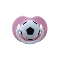 Detail showing baby pacifier with a 3D soccer ball design and a pink silicone base - All Silicone Ball Pacifier / Pink