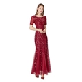 Close-up of burgundy sequin embroidery and sheer mesh mermaid hem on formal gown - Burgundy
