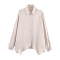 Elegant champagne satin long sleeve shirt with asymmetric hem and smooth silk texture - XS / Apricot