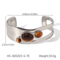 Detail view of steel tiger eye open bangle with size measurements 6.85cm by 2.3cm - Silver Tiger Eye Bangle (HC-B20223-S-TE)