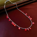 Detail of silver beaded necklace with faceted red zircon pendants on premium leather - Red Zirconia Necklace