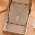Silver micro-pave cross necklace with Virgin Mary pendant on champagne jewelry box - 9210 / Silver