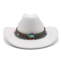 White felt cowboy hat with bohemian woven band, tassels and turquoise stone accent - M (56-58cm) / White