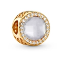 Golden round charm with white gemstone and pave zircon crystals on hollow patterned metal - Gold/White