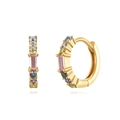 Elegant gold hoop earrings with multi-colored cubic zirconia gemstones on white background - Rectangle Pink Gemstone Main Stone Rainbow Huggies