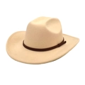 Close-up of beige felt cowboy hat featuring a contrasting dark brown thin leather band - M (56-58cm) / Beige