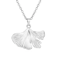Macro shot of silver ginkgo leaf pendant with natural texture on stainless steel necklace - Ginkgo Leaf Pendant Steel (MS-535)