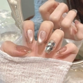 Long trapezoid champagne cat-eye press-on nails with sparkling rhinestones and glitter - Extra Small (XS) / 1326-Short Trapezoid