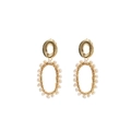 Golden double oval hoop earrings with wrapped white pearls on a clean white background - Hollow Gold O-Shape Small Pearl Stud Set