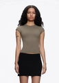 Close-up of olive green slim-fit sports T-shirt fabric with seamless wing sleeves - XS / Green