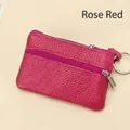 Genuine leather rose red coin purse with pebble pattern and double zipper design - Rose Red