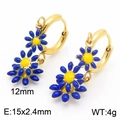 Gold daisy hoop earrings with blue enamel flower charms and yellow center for women - Gold Double Layer Blue Yellow Daisy Earrings (KE112906-HF)