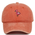 Close-up of pink flamingo embroidery on washed cotton vintage brick red baseball cap - Adjustable / Orange
