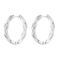 Macro view of silver geometric hoop earrings showing textured chain link design details - Square Link Hoop / White Gold