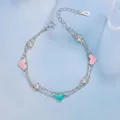 Elegant S925 sterling silver double chain bracelet with heart enamel and zircon charms - 925 Silver / White Gold