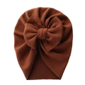 Brown baby turban hat with oversized bow in elastic ribbed knit fabric - Coffee
