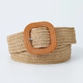 Ceinture tressée beige en paille avec une boucle rectangulaire orange et marron - Kaki / 80-100cm
