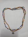 Ethnic style beaded necklace set with amber beads and engraved silver pendant charms - Colorful Beaded Ethnic Style Fortune Lock Two-piece Set
