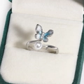 Detail of silver butterfly ring with enamel wings and pearl in a green velvet jewelry box - Blue & White Butterfly Artificial Pearl (White Gold Color 14)