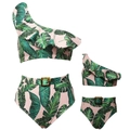 Detail of pink tropical leaf print bikini set with ruffle shoulder and waist buckle - S / Pink Leaf Print