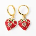 Gold plated strawberry ear hoops featuring red enamel and sparkling heart zircon stones - Red Strawberry Zirconia Hoop Earrings (D)