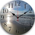 Silent wooden wall clock featuring a coastal beach sunset design with black numerals - Beach Sunrise