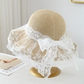 Elegant beige straw hat with wide brim, white lace overlay and oversized side bow accent - M(56-58cm) / Large Lace Bow - Beige (Silk Sand Skirt Beige)