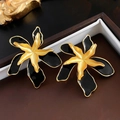 Vintage abstract flower earrings in gold and black enamel finish with stud back - 75 Silver Pin-Black Enamel Flower