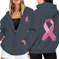 Dark grey-blue zip up hoodie featuring pink ribbon breast cancer awareness prints - S / Dark Gray