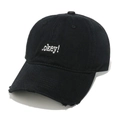 Detailed close-up of black cotton baseball cap with white Okey embroidery and frayed brim - Black
