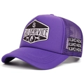 Detailed close-up of GAS SERVICE embroidery and mesh on a purple trucker hat - Adjustable / Purple