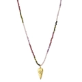 Detail of beaded necklace featuring tourmaline stones and gold evil eye heart pendant - Pink/Purple/Olive Green