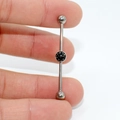 G23 titanium industrial barbell earring with silver polish and black zircon stone inlay - Black Pave Crystal