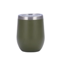 Close-up of matte dark green 12oz stainless steel wine tumbler with clear lid - Army Green