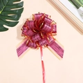 Detail view of large red Christmas gift bow with gold edges and black tree bark stripes - Burgundy