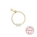 Real S925 sterling silver chain ring with gold plating and rectangular white opal stone - Gold Square - White Opal