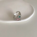 S925 silver open ring featuring a pink rectangular gemstone and green star accent - J2180 Silver Heart Star Gem Ring
