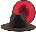 Two-tone wide brim fedora hat featuring dark brown exterior and bright red interior lining - Coffee/Red